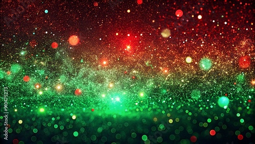 Red and Green Glitter Background with Festive Bokeh Lights