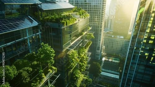 Eco-friendly sustainable glass office with solar panels, recycled materials, ergonomic furniture in a vibrant city with green rooftops and solar trees. Eco friendly sustainable glass office