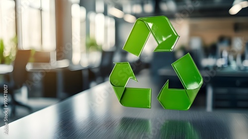 To symbolize recycling or garbage sorting at offices and for working people, there is a green recycle symbol icon sign with a background of a professional setting.