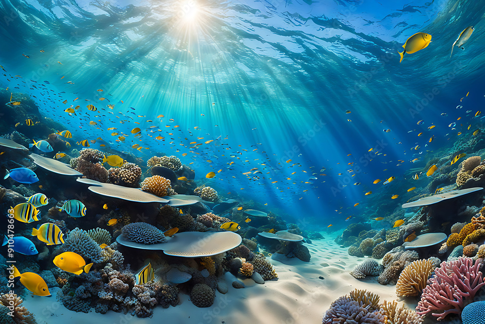 Fototapeta premium Underwater Panorama of Vibrant Fish and Coral Reefs