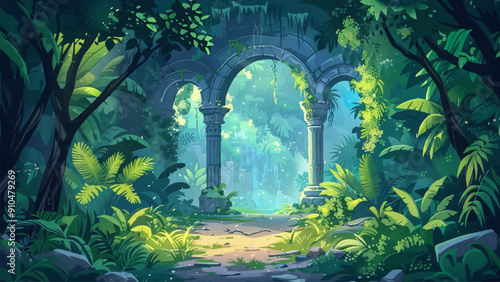Mystic Arches Amidst Lush Foliage Cartoon Environment for Adventure Mobile Game Illustration Enchanted Arches Dense Greenery Magical Forest Game Level Design Nature Setting