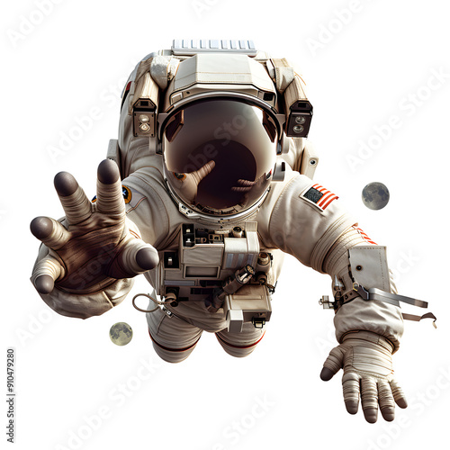 an realistic astronaut flies and reaches forward the hand in front of his face on white background