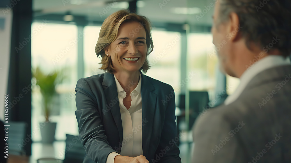 a woman shaking hands with a man in an office setting in the background, while the man in the foreground is smiling a woman shaking hands with a man in an office setting in the background, while the man in the foreground is smiling