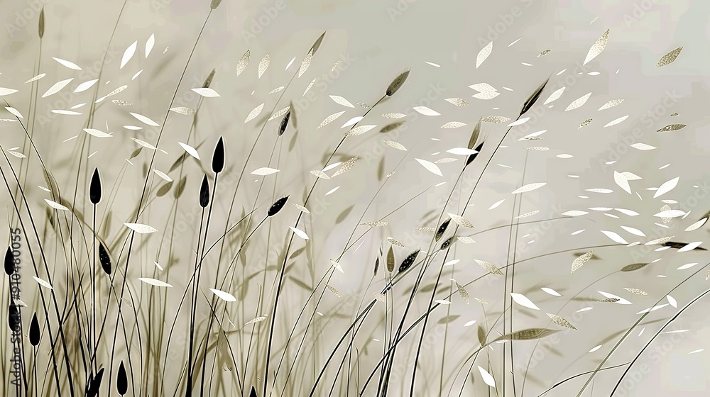 Fototapeta premium White-beige background with black-white grass blowing in wind