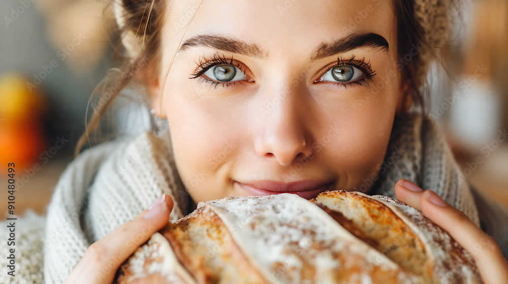 A woman with blue eyes and a warm smile holds a freshly baked loaf of bread, evoking a sense of comfort and happiness, perfect for a cozy winter scene.
A woman with blue eyes and a warm smile holds a freshly baked loaf of bread, evoking a sense of comfort and happiness, perfect for a cozy winter scene.