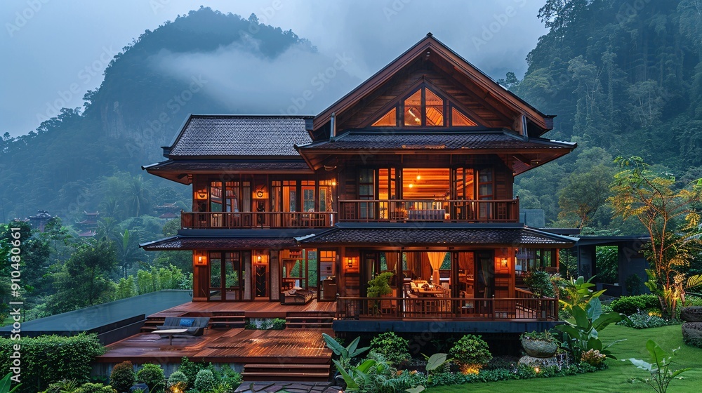 Traditional Thai Wooden House Amidst Lush Green Mountains Traditional Thai Wooden House Amidst Lush Green Mountains