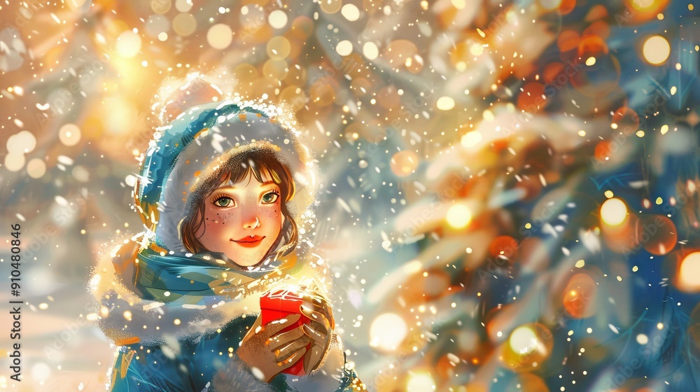 Young girl in a blue winter coat holding a red gift, standing against a festive background of Christmas lights and snow. Concept of holiday joy, winter celebration, festive spirit, childlike wonder Young girl in a blue winter coat holding a red gift, standing against a festive background of Christmas lights and snow. Concept of holiday joy, winter celebration, festive spirit, childlike wonder
