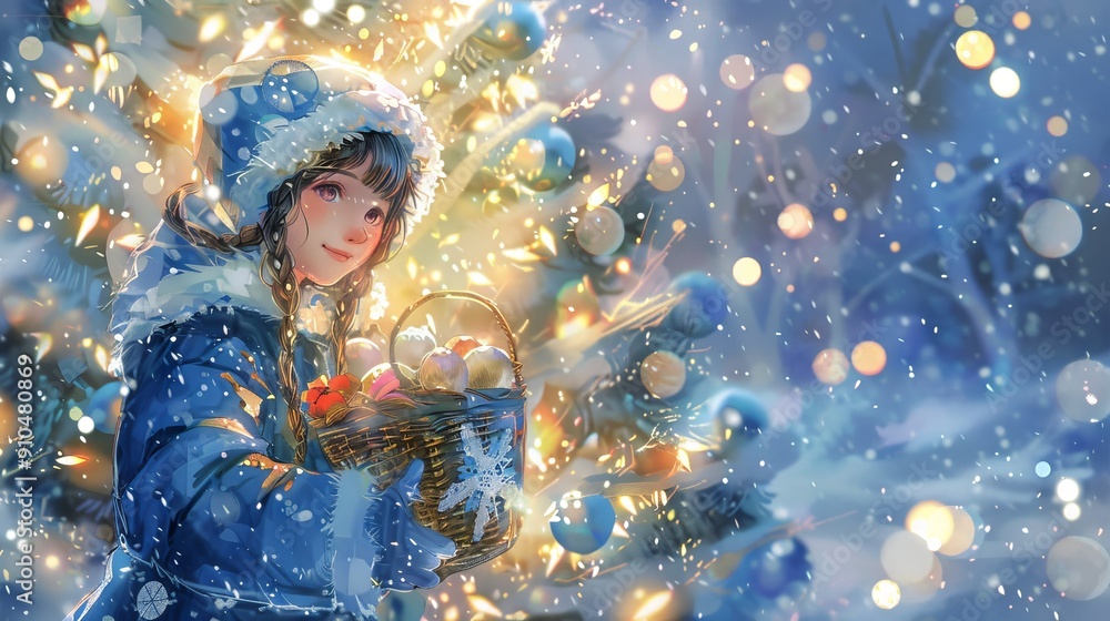 Fototapeta premium Young girl in a blue winter coat holding a red gift, standing against a festive background of Christmas lights and snow. Concept of holiday joy, winter celebration, festive spirit, childlike wonder