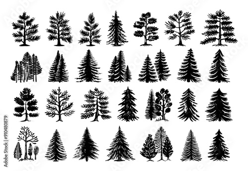 Pine Trees Linocut Print Style Icons Set Neat Thick Strokes and Shapes Black on White Background Coniferous Trees Forest Illustrations Botanical Icons Nature Graphic