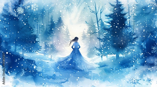 Ice princess or snow queen in long blue dress stands gracefully amidst a snowy forest. Concept of fantasy character, magic, fairytale, winter enchantment, beautiful woman, Christmas. Watercolor art