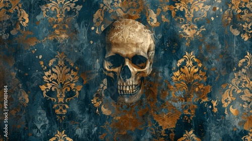 Spooky aged damask pattern featuring skulls in dark blue and gold