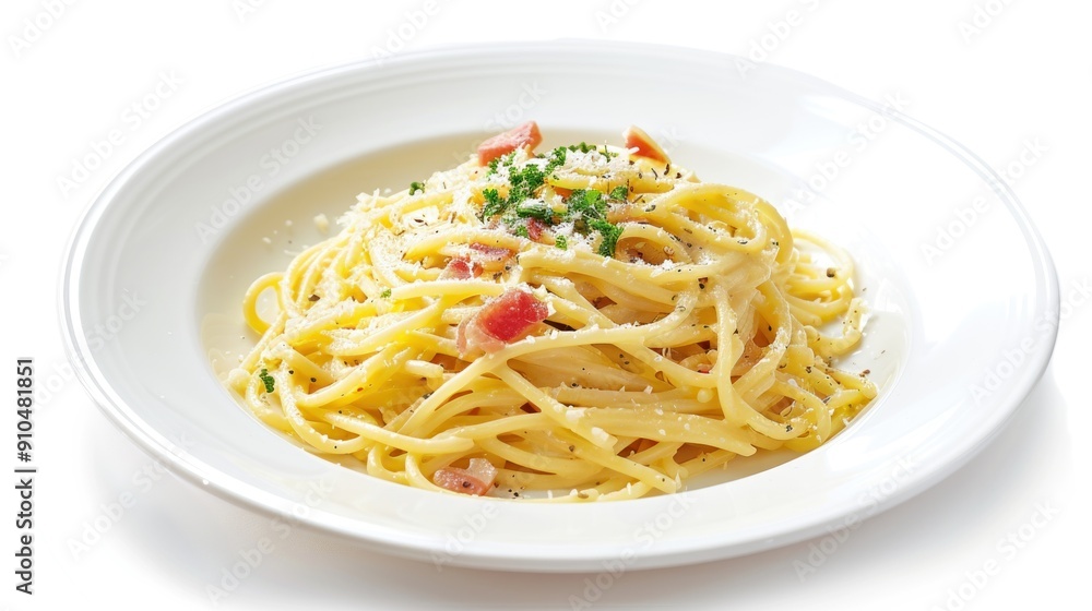 Spaghetti alla carbonara on white plate isolated on white background Spaghetti alla carbonara on white plate isolated on white background