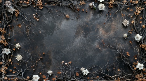 Dark gothic fantasy backdrop with dry branches and floral accents