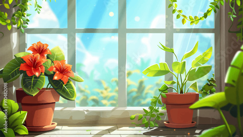 Potted Flower on a Windowsill in a Greenhouse Background Cartoon Environment Illustration Greenhouse Interior Flower Pot Sunlit Windowsill Indoor Garden Plant Care Level Design
