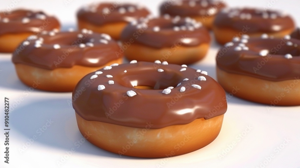 A collection of chocolate-drenched donuts adorned with sprinkles sits atop a pristine white backdrop A collection of chocolate-drenched donuts adorned with sprinkles sits atop a pristine white backdrop