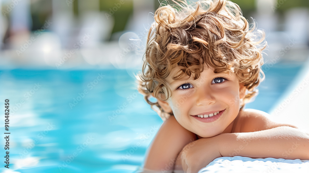 Fototapeta premium Cheerful young child with curly hair is grinning widely, peacefully resting by a sparkling pool