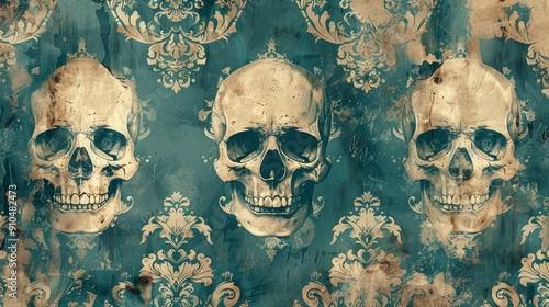 Spooky damask pattern featuring skulls in an aged horror design