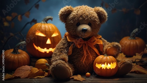 An adorable teddy bear dressed in a charming costume sits among bright orange pumpkins, including a lit jack-o'-lantern, on a tranquil autumn evening.