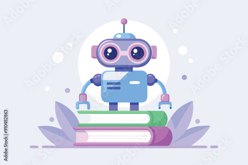 Futuristic cartoon robot standing on the stack of books. Artificial intelligence learning