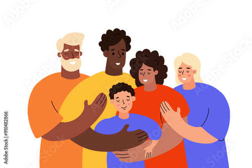 Family Embracing Together in Colorful Clothing Against White Background
