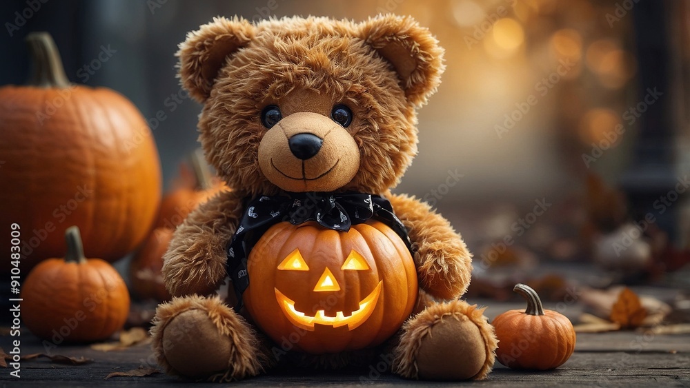An adorable teddy bear dressed in a charming costume sits among bright orange pumpkins, including a lit jack-o'-lantern, on a tranquil autumn evening. An adorable teddy bear dressed in a charming costume sits among bright orange pumpkins, including a lit jack-o'-lantern, on a tranquil autumn evening.