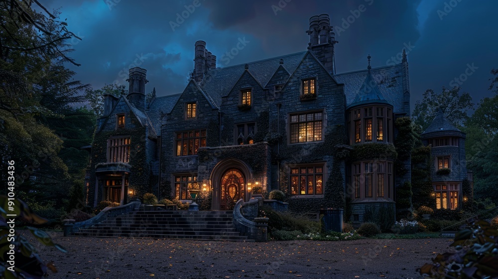 Old manor mansion illuminated at night with cozy lit windows Old manor mansion illuminated at night with cozy lit windows