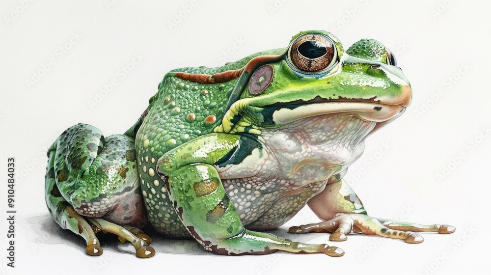 Green frog depicted in unique watercolor style on white background Green frog depicted in unique watercolor style on white background