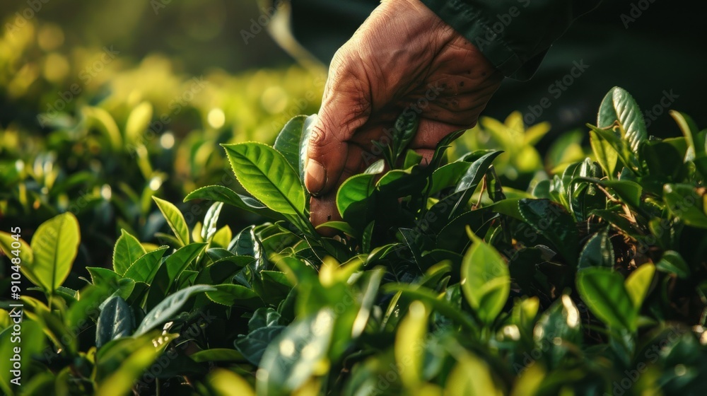 Close up hand of tea farmer picking tea leaves in the garden Close up hand of tea farmer picking tea leaves in the garden