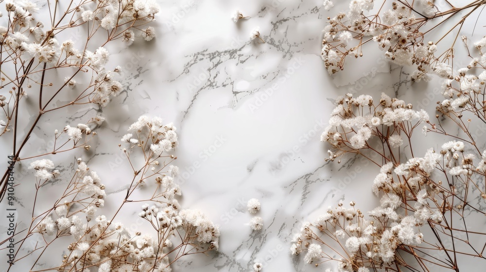 Delicate white blooms on a white marble background with subtle branches Delicate white blooms on a white marble background with subtle branches