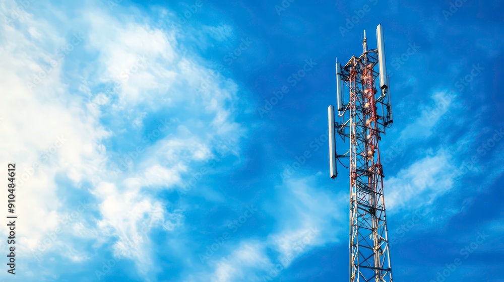Obraz premium Cell tower against a blue sky with white clouds.