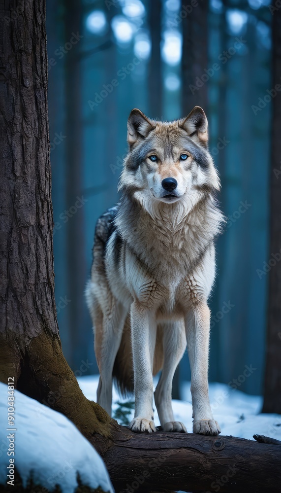 Fototapeta A lone wolf stands on a snow-covered landscape in a misty forest, its piercing eyes conveying strength and curiosity, surrounded by the serene beauty of winter