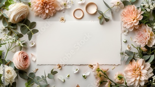 Rustic floral arrangement with blank canvas and rings for wedding invitation design photo