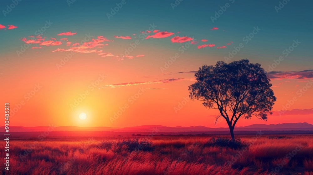 Vibrant sunset over australian outback plains with lone tree Vibrant sunset over australian outback plains with lone tree