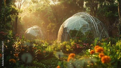 Dense forest with bio-domes, carbon reduction plants, transparent tubes, vibrant flowers, thriving wildlife, and golden light filtering through the canopy. Reducing heat and carbon dioxide photo