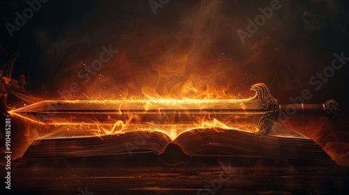 Sword and holy bible surrounded by flames symbolizing spiritual warfare