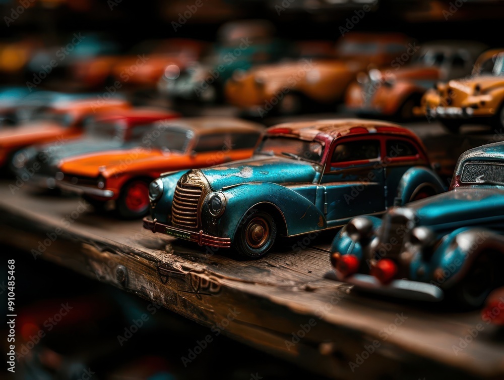 Fototapeta premium Metal toys from the mid20th century, displayed in a collector s showcase, Retro, Cool tones, Photography