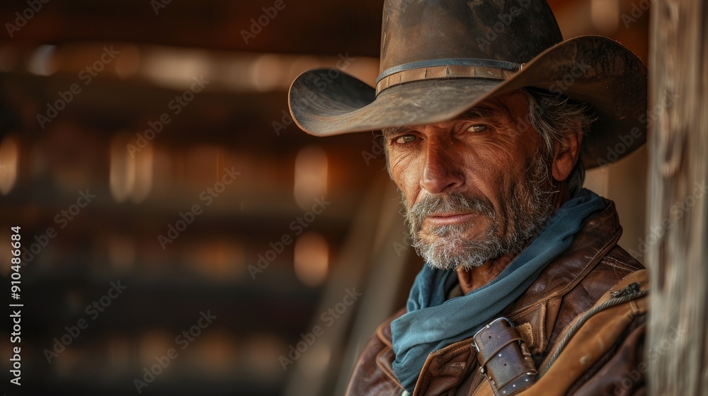 Handsome western cowboy poses with hat against rustic background at sunset Handsome western cowboy poses with hat against rustic background at sunset
