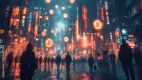 A futuristic city with digital currency symbols hovering money finance