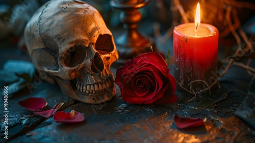 Skull with red rose and lit candle on dark surface at night