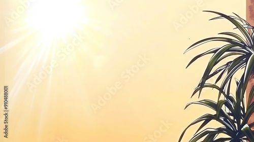   Yellow wall, potted plant, sunlight behind