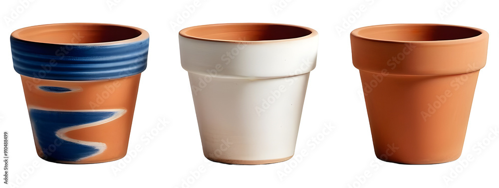 Three terracotta plant pots isolated on transparent background Three terracotta plant pots isolated on transparent background