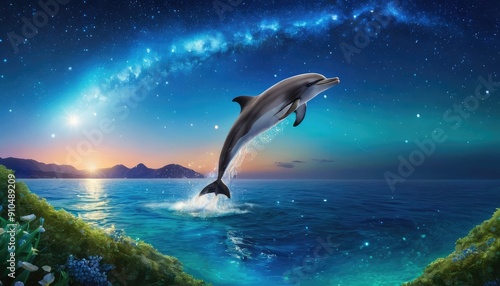 In a surreal cosmic scene, a dolphin soars through the air against a stunning backdrop of a galaxy-filled night sky, as the ocean glistens under the warm hues of dusk