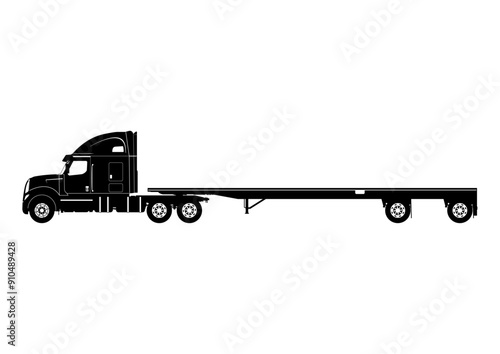 Silhouette of a truck with a straight deck flatbed semi trailer. Vector.