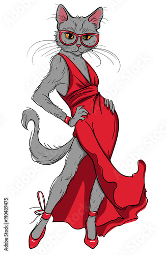 Cute cat girl, hand drawn fashion illustration