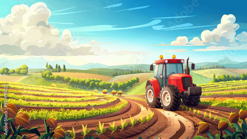 Tractor Drives Across Field Between Even Rows of Beds Cartoon Environment for Adventure Mobile Game Illustration Farming Tractor Agricultural Field Crop Rows Game Level Design