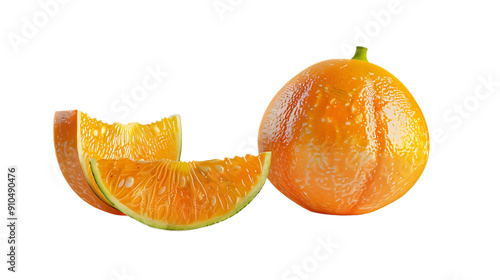 A whole naranjilla with a single slice placed on the table for advertisement. photo