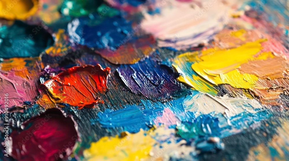 Fototapeta premium Close-up of vibrant oil paint strokes on an artist's palette.