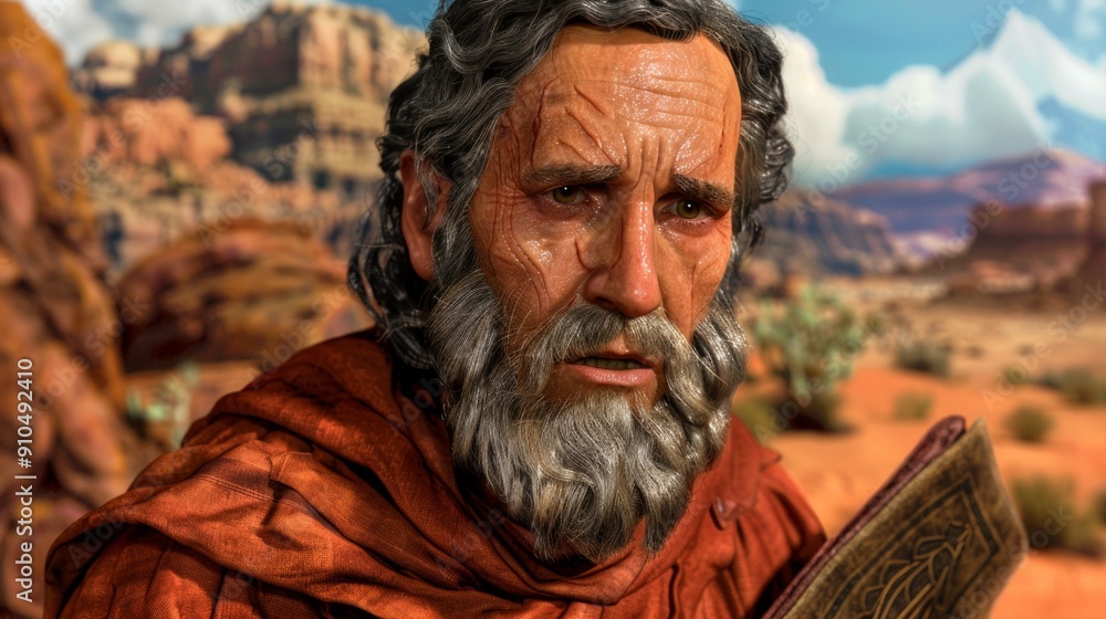 Moses stands in a vast desert, holding the tablets of the Ten Commandments, reflecting on his divine mission under a clear, blue sky. Moses stands in a vast desert, holding the tablets of the Ten Commandments, reflecting on his divine mission under a clear, blue sky.
