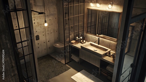 luxurious bathroom Industrial Chic: Features: Raw and unfinished materials like concrete, metal, and reclaimed wood. Key Elements: Exposed pipes, Edison bulb lighting, and metal-framed mirrors. Exampl photo