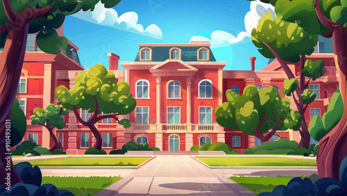 University Red Facade Horizontal Background Cartoon Environment for Adventure Mobile Game Illustration Campus Architecture Game Level Design Educational Building School Graphics